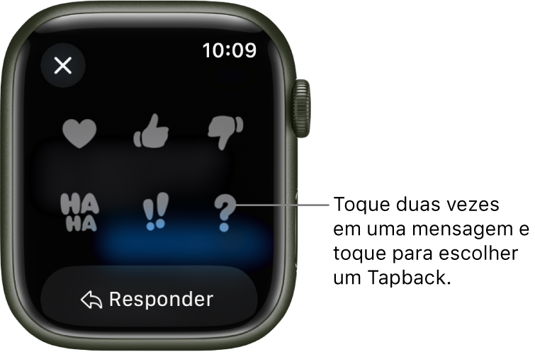 Uma conversa do Mensagens com opções de Tapback: coração, sinal de positivo, sinal de negativo, Ha Ha, !! e ?. O botão Responder encontra-se abaixo.