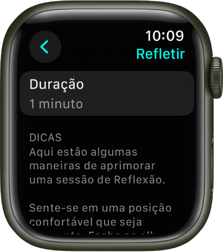 Tela do app Atenção Plena mostrando uma duração de um minuto na parte superior. Abaixo disso, dicas para ajudar a aprimorar uma sessão de Refletir.