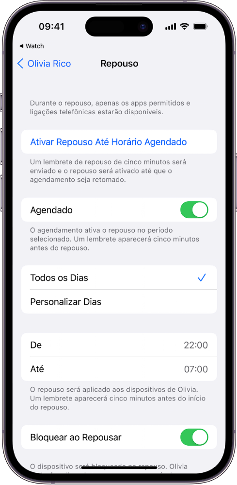 iPhone mostrando a tela de configuração do Repouso. O controle Programado está perto da parte superior. As opções “Todos os Dias” e “Personalizar Dias” aparecem abaixo disso, com “Todos os Dias” selecionado. As horas De e Até estão no meio da tela e o botão “Bloquear ao Repousar” está perto da parte inferior.