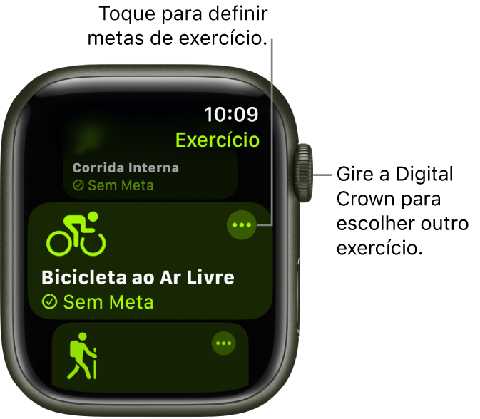 A tela Exercício com o exercício Bicicleta ao Ar Livre destacado. O botão Mais encontra-se na parte superior direita do mosaico do exercício.