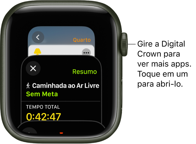 Seletor de Apps mostrando o app Exercício. Gire a Digital Crown para ver mais apps. Toque em um deles para abri-lo.