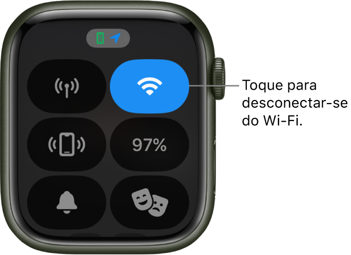 Central de Controle no Apple Watch (GPS + Cellular), com o botão Wi‑Fi na parte superior direita. Na chamada, lê-se “Toque para desconectar-se do Wi‑Fi”.