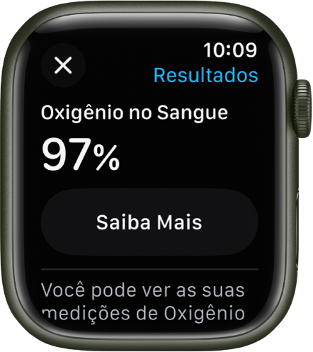 Tela de resultados do Oxigênio no Sangue mostrando uma saturação de oxigênio no sangue de 97 por cento. O botão Saiba Mais aparece abaixo.