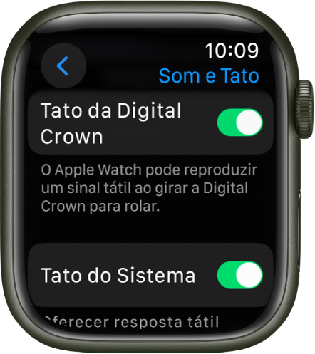 A tela Tato mostrando o botão Crown Haptics ativado. O controle “Tato do Sistema” está abaixo.