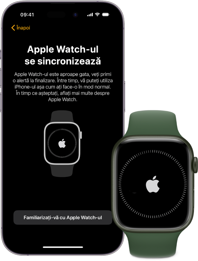 Un iPhone și un Apple Watch afișând ecranele de sincronizare.