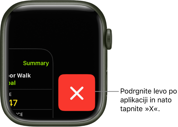 Aplikacija App Switcher, ki prikazuje velik X na desni in del aplikacije na levi. Tapnite X, da odstranite aplikacijo iz aplikacije App Switcher.