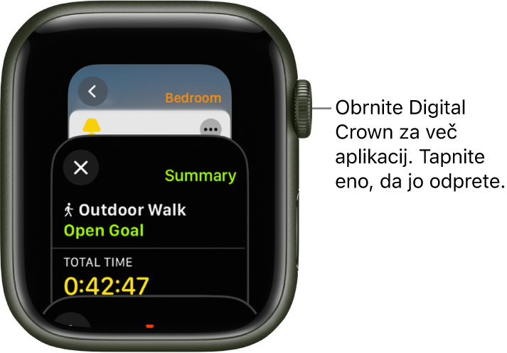 App Switcher (Preklop aplikacij), ki prikazuje aplikacijo Workout (Vadba). Zavrtite gumb Digital Crown za ogled dodatnih aplikacij. Tapnite eno od njih, če jo želite odpreti.