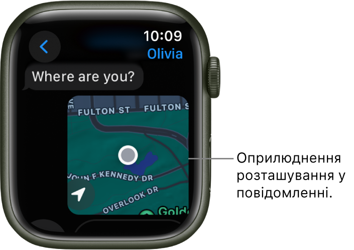 У програмі «Повідомлення» показано карту з позначеною геопозицією особи.