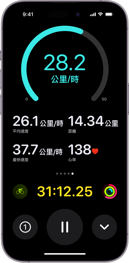 正在進行的自行車體能訓練會在 iPhone 上以即時活動的形式顯示，並會顯示體能訓練的速度、平均速度、前進距離、最大速度、心率和總經過時間。