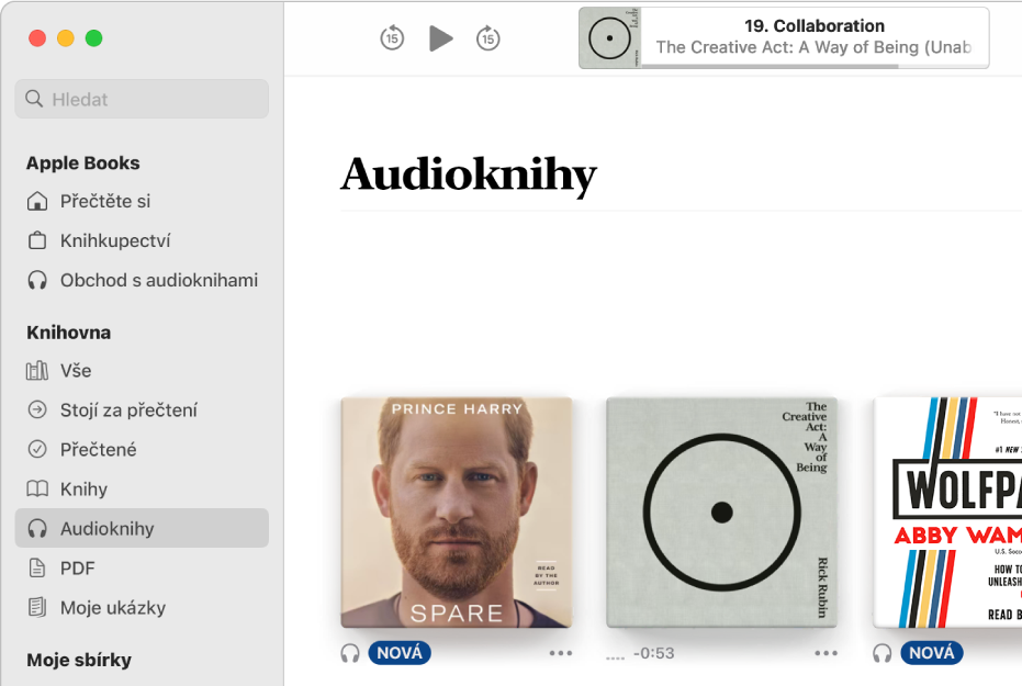 Přehrávač audioknih U horního okraje jsou ovládací prvky přehrávače, miniatura obálky audioknihy, její název a jméno autora Níže je sbírka „Audioknihy“ v knihovně