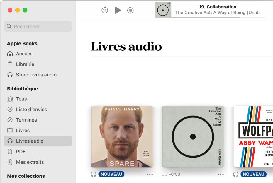 Le lecteur de livre audio. En haut de la fenêtre se trouvent les commandes du lecteur, une vignette de la couverture du livre audio ainsi que le titre et l’auteur du livre. En dessous se trouve la collection « Livres audio » de la bibliothèque.