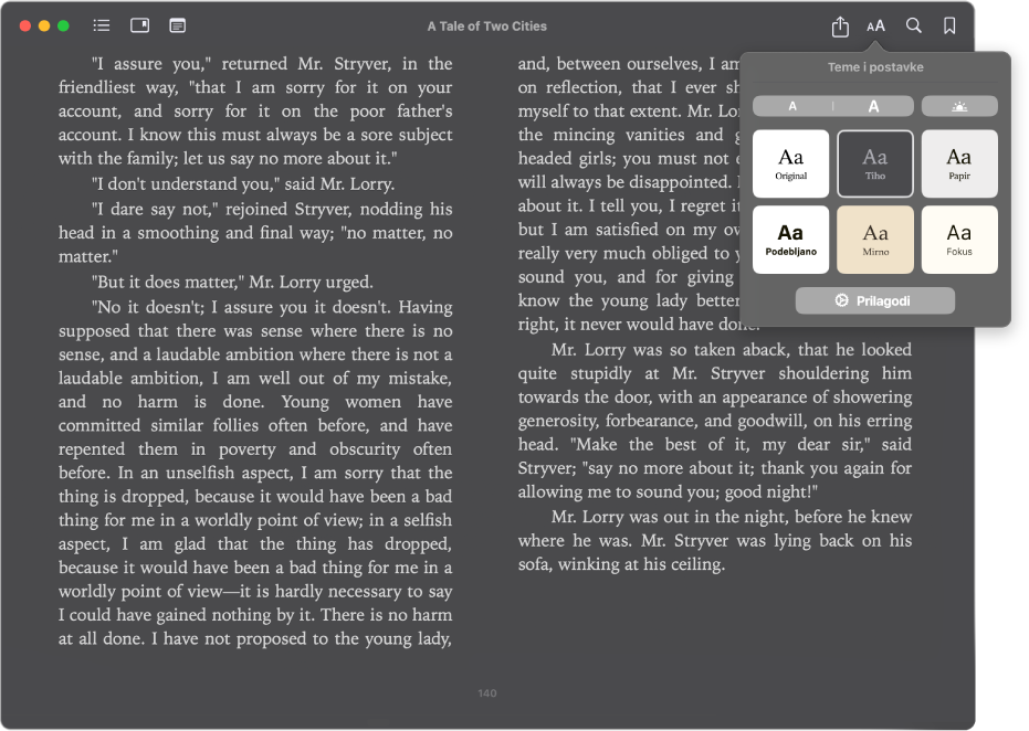 Knjiga s prilagođenim izgledom i izbornikom Izgled koji prikazuje odabranu veličinu teksta, pozadinsku boju i font.