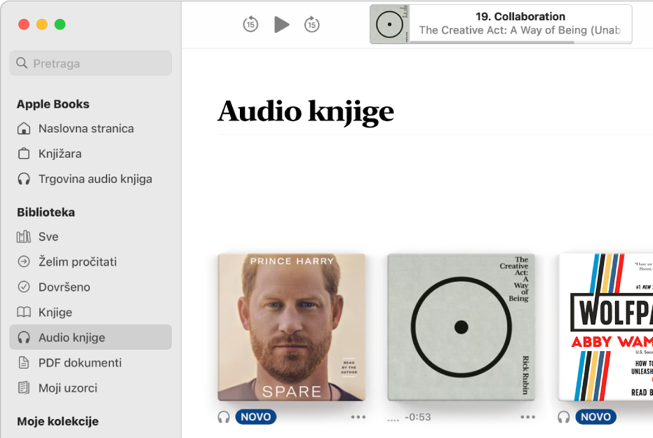 Uređaj za reprodukciju audio knjiga. Duž vrha su kontrole igrača, minijatura omota audio knjige te naslov i autor audio knjige. Ispod je zbirka Audio knjige u medijateci.