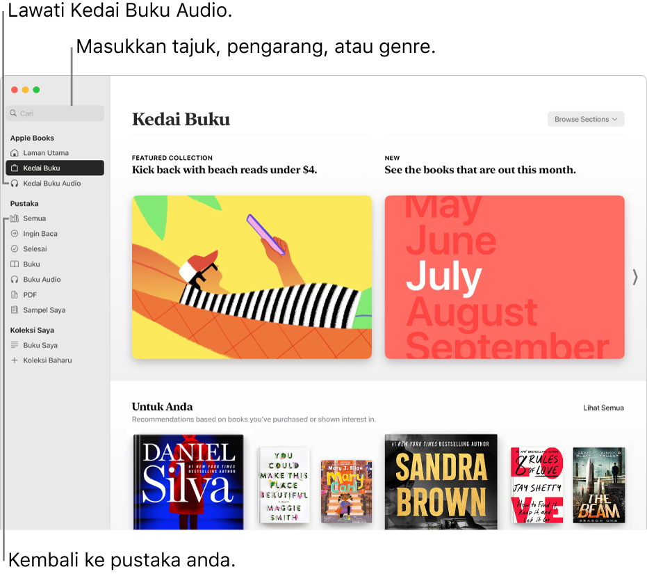 Tetingkap utama Kedai Buku. Di sebelah kiri ialah bar sisi. Medan carian, yang anda boleh gunakan untuk mencari buku dan buku audio, berada di bahagian atas bar sisi.