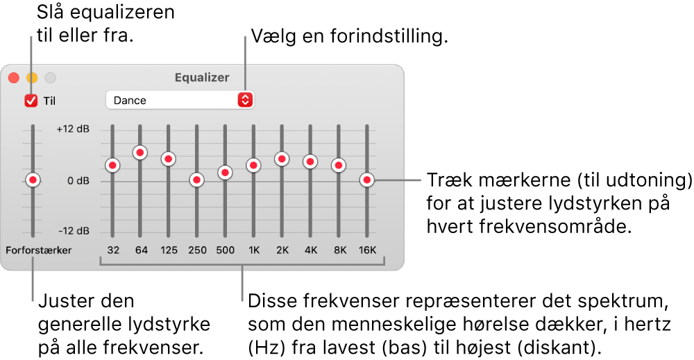 Equalizer-vinduet: Afkrydsningsfeltet, der bruges til at slå Musik-equalizeren til, er anbragt i øverste venstre hjørne. Ved siden af findes lokalmenuen med forindstillinger til equalizeren. Yderst til venstre kan du justere den generelle lydstyrke med forforstærkeren. Under forindstillingerne til equalizeren kan du justere lydniveauet på de forskellige frekvensområder, der repræsenterer det spektrum fra det laveste til det højeste, som det menneskelige øre kan opfatte.