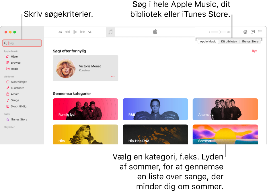 Vinduet Apple Music viser søgefeltet i øverste venstre hjørne, listen med kategorier i midten af vinduet og Apple Music, Dit bibliotek og iTunes Store, der er tilgængelige i øverste højre hjørne. Skriv søgekriterier i søgefeltet, og vælg derefter, om du vil søge i hele Apple Music, kun dit bibliotek eller i iTunes Store.