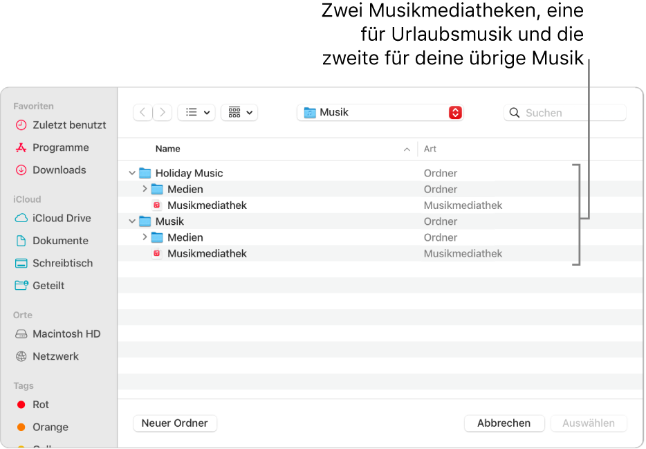 Das Finder-Fenster zeigt mehrere Mediatheken, eine für Urlaubsmusik und die andere für deine übrige Musik.