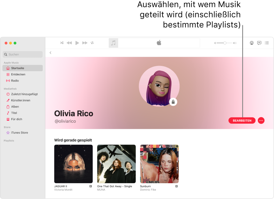 Die Profilseite in Apple Music: Klicke auf der rechten Fensterseite auf „Bearbeiten“, um festzulegen, wer dir folgen kann. Klicke rechts neben „Bearbeiten“ auf die Taste „Mehr“, um deine Musik zu teilen.