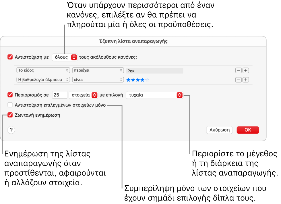 Το πλαίσιο διαλόγου Έξυπνης λίστας αναπαραγωγής: Στην πάνω αριστερή γωνία, επιλέξτε «Αντιστοίχιση» και μετά καθορίστε τα κριτήρια λίστας αναπαραγωγής (π.χ. είδος ή βαθμολογία). Συνεχίστε να προσθέτετε ή να αφαιρείτε κανόνες κάνοντας κλικ στα κουμπιά Προσθήκης και Αφαίρεσης στην πάνω δεξιά γωνία. Επιλέξτε διάφορες ρυθμίσεις στο κάτω τμήμα του πλαισίου διαλόγου, π.χ. περιορισμός του μεγέθους ή της διάρκειας της λίστας αναπαραγωγής, συμπερίληψη μόνο των επιλεγμένων τραγουδιών, ή ρύθμιση της Μουσικής ώστε να ενημερώνει τη λίστα αναπαραγωγής καθώς αλλάζουν τα στοιχεία στη βιβλιοθήκη σας.