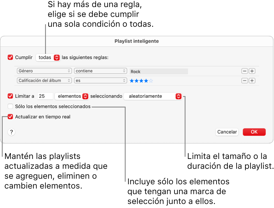 El diálogo de la playlist inteligente: en la esquina superior izquierda, selecciona Cumplir y especifica los criterios de la playlist (por ejemplo, un género o calificación). Continúa agregando o eliminando reglas haciendo clic en el botón Agregar o Eliminar en la esquina superior derecha. Selecciona varias opciones en el área inferior del diálogo, por ejemplo, puedes limitar el tamaño o la duración de la playlist, incluir sólo las canciones seleccionadas o hacer que Música actualice la playlist como elementos en tu cambio de biblioteca.