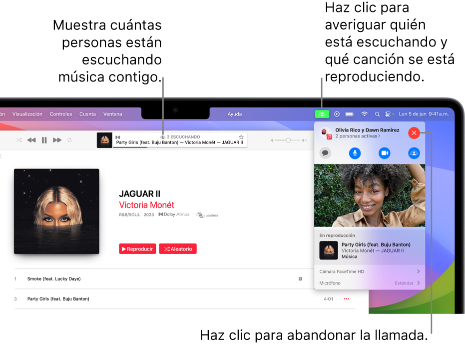 La ventana de Apple Music con una canción reproduciéndose mientras se usa SharePlay. La ventana de reproducción muestra cuántas personas están escuchando música. A la derecha, se hace clic en el ícono de SharePlay y se muestra quién está escuchando y la canción que se está reproduciendo en ese momento. A la derecha, puedes hacer clic en el botón Cerrar.