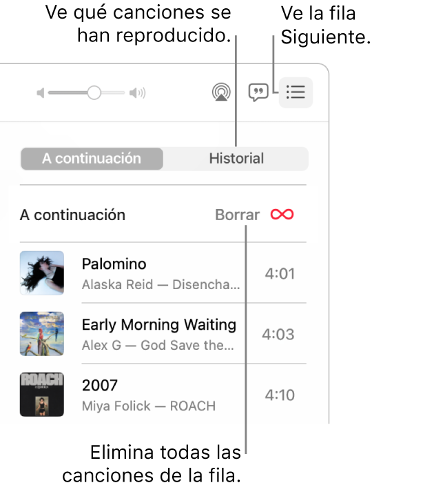 La esquina superior derecha de la ventana de Música con el botón Siguiente en la tira mostrando la fila Siguiente. Haz clic en el enlace Historial para mostrar las canciones reproducidas anteriormente. Haz clic en el enlace Borrar para eliminar todas las canciones de la fila.