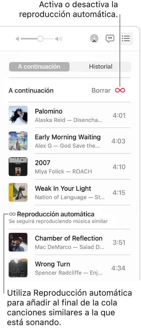La fila Siguiente. Haz clic en el botón Reproducción automática para activar o desactivar la función. Cuando está activada la reproducción automática, se agregan canciones similares al final de la fila.