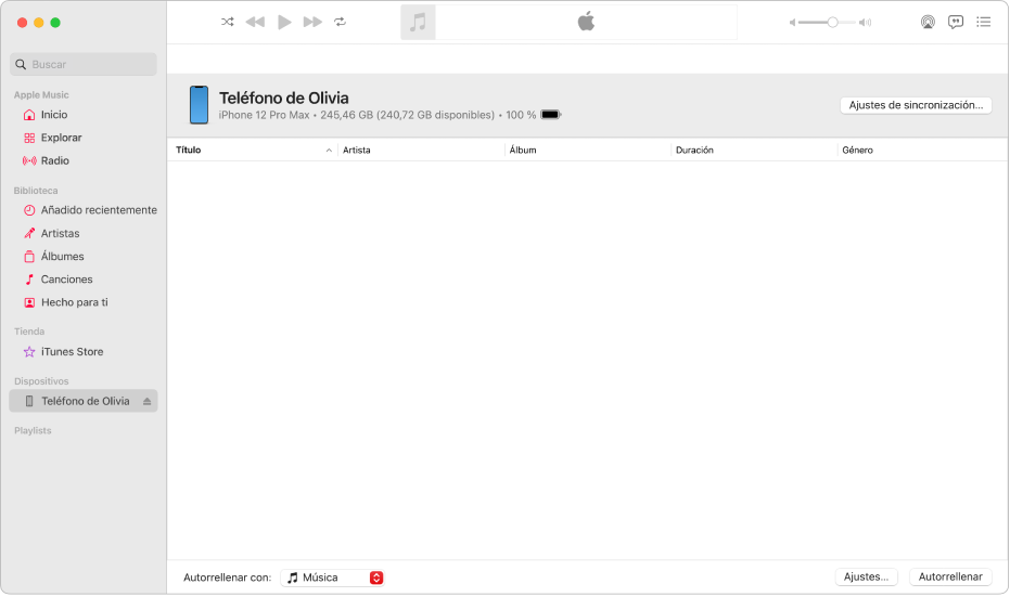 La ventana de Música con un dispositivo (el iPhone de Julia) en la barra lateral. El botón “Ajustes de sincronización” de la esquina superior derecha abre el Finder.