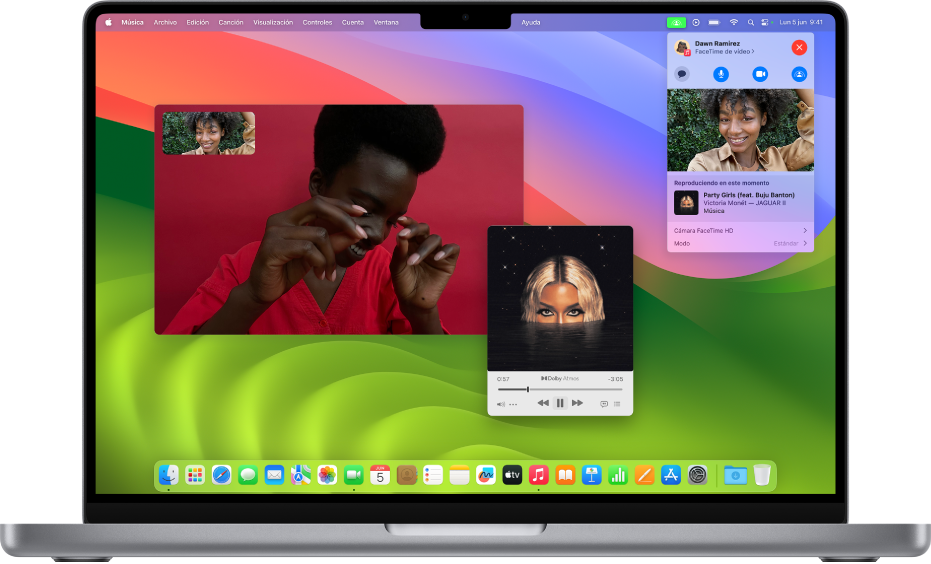 La ventana de FaceTime con una llamada cuyos participantes están utilizando SharePlay para escuchar un álbum juntos.