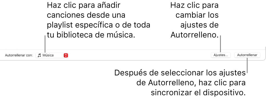 Las opciones Autorrellenar en la parte inferior de la ventana Música. En el extremo izquierdo se encuentra el menú desplegable “Autorrellenar con”, donde puedes elegir entre añadir canciones de una lista de reproducción o de toda la biblioteca. En el extremo derecho hay dos botones: Ajustes, para cambiar varias opciones de autorrelleno, y Autorrellenar. Al hacer clic en Autorrellenar, el dispositivo se llena con las canciones que cumplen los criterios establecidos.