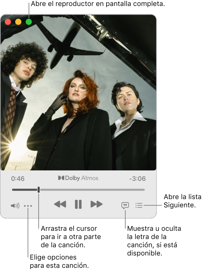 Minirreproductor expandido con los controles de la canción que se está reproduciendo. En la esquina superior izquierda se encuentran los controles de la ventana que sirven para abrir o cerrar el reproductor en pantalla completa. La parte principal de la ventana muestra la ilustración del álbum correspondiente a la canción que se está reproduciendo. Debajo de la ilustración hay un regulador que te permite moverte a otro momento de la canción, y botones para ajustar el volumen, mostrar la letra e indicar qué se reproducirá a continuación.