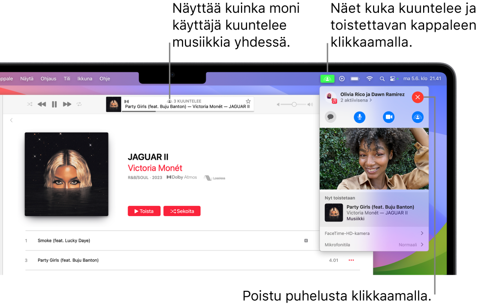 Apple Music-ikkuna, jossa toistetaan kappaletta käyttäen SharePlayta. Toistoikkunassa näkyy, kuinka monta ihmistä kuuntelee musiikkia yhdessä. Oikealla puolella klikataan SharePlay-kuvaketta ja näet, ketkä kuuntelevat sekä toistettavan kappaleen. Oikealla voit klikata Sulje-painiketta.