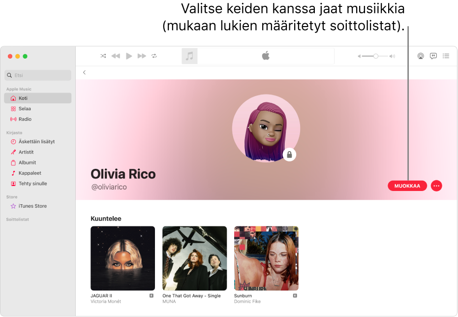 Profiilisivu Apple Musicissa: valitse, ketkä voivat seurata sinua, klikkaamalla ikkunan oikeassa reunassa Muokkaa. Jaa musiikkiasi klikkaamalla Lisää-painiketta Muokkaa-kohdan oikealla puolella.