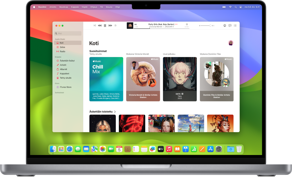 Apple Music ‑ikkuna, jossa näkyy Koti-valikko.