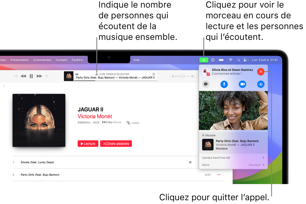 Fenêtre Apple Music avec un morceau en cours de lecture pendant une session SharePlay. La fenêtre de lecture indique le nombre de personnes qui écoutent de la musique simultanément. Sur la droite, l’utilisateur clique sur le bouton SharePlay et vous pouvez voir les personnes qui écoutent de la musique ainsi que le morceau en cours de lecture. À droite, vous pouvez cliquer sur le bouton Fermer.