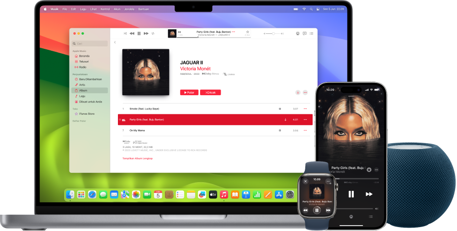 Lagu yang diputar di Mac, iPhone, dan Apple Watch, dengan HomePod.