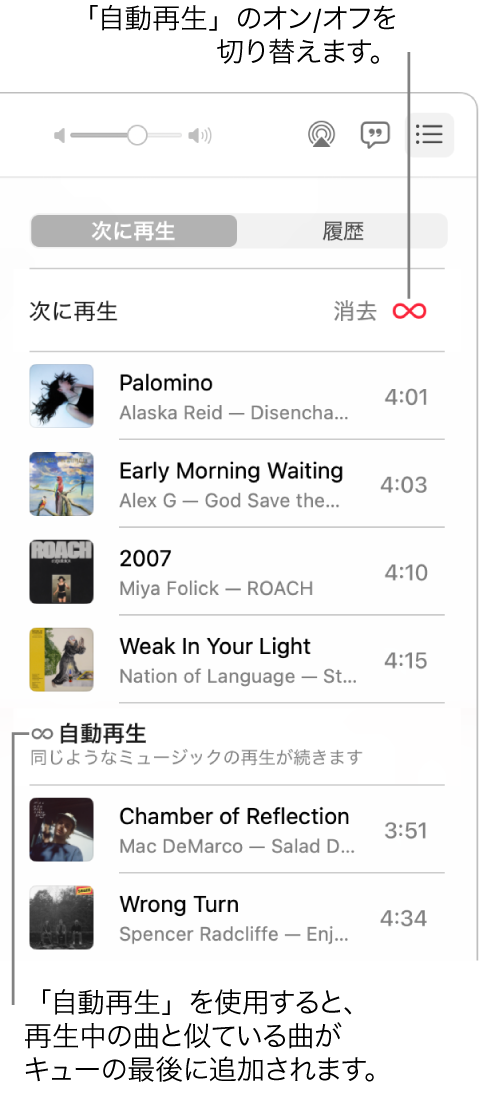 「次に再生」キュー。自動再生ボタンをクリックすると、オン/オフが切り替わります。自動再生がオンのときは、似たような曲がキューの終わりに追加されます。
