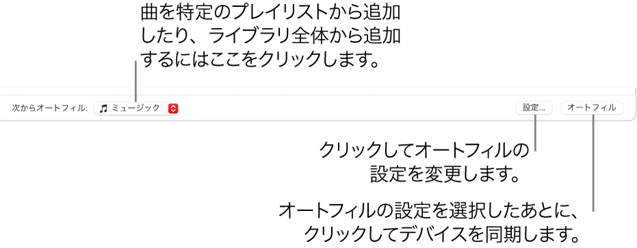 「ミュージック」ウインドウの下部にある「オートフィル」オプション。左端に「次からオートフィル」ポップアップメニューがあり、曲を特定のプレイリストから追加するか、ライブラリ全体から追加するかを選択できます。右端には「設定」と「オートフィル」の2つのボタンがあります。「設定」ではオートフィルのさまざまなオプションを変更できます。「オートフィル」をクリックすると、条件に一致する曲がデバイスの残りの領域に追加されます。