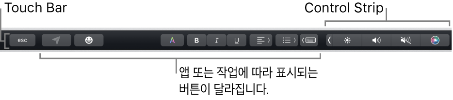 키보드 상단에 펼쳐진 Touch Bar와 오른쪽에 축소되어 표시된 Control Strip, 앱 또는 작업별로 달라지는 버튼.