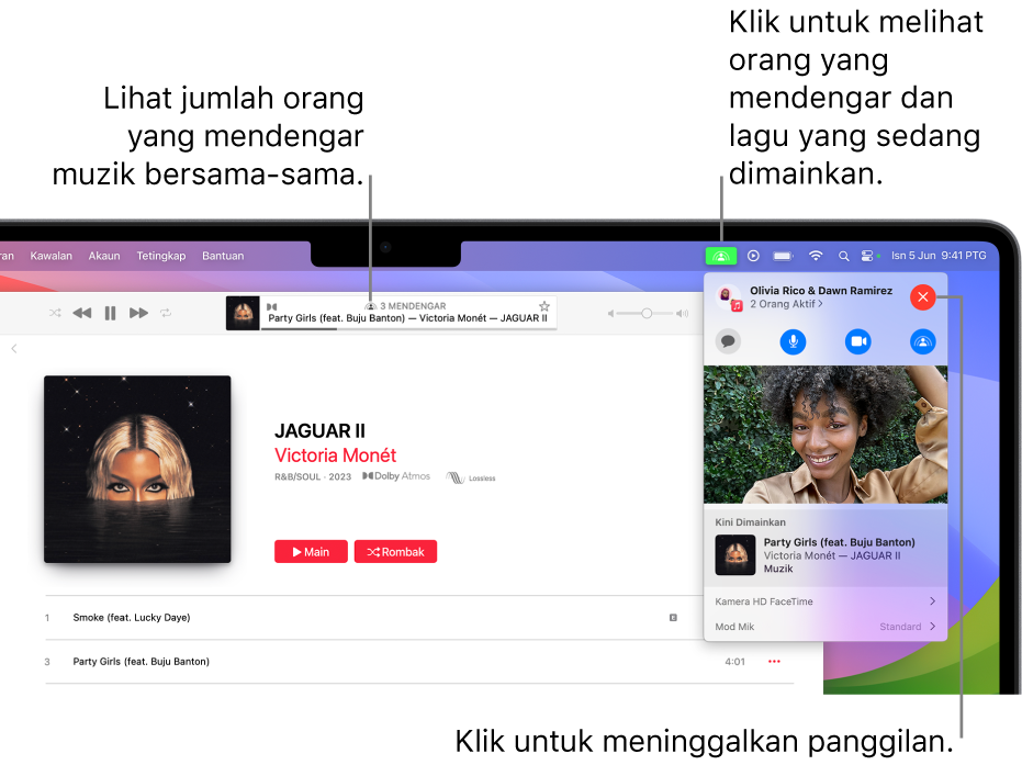 Tetingkap Apple Music dengan lagu dimainkan semasa menggunakan SharePlay. Tetingkap main balik menunjukkan bilangan orang yang mendengar muzik bersama. Di sebelah kanan, ikon SharePlay diklik dan anda boleh melihat orang yang mendengar dan lagu yang sedang dimainkan. Di sebelah kanan, anda boleh mengklik butang Tutup.