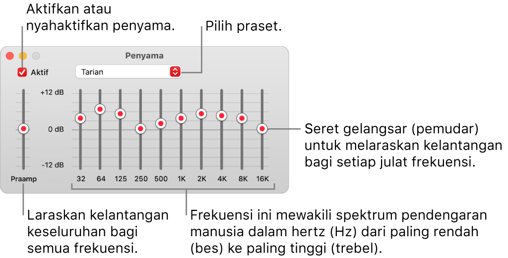 Tetingkap Penyama: Kotak semak untuk mengaktifkan penyama Muzik berada di bahagian penjuru kiri atas. Bersebelahannya ialah menu timbul dengan praset penyama. Di sebelah hujung kiri, laraskan kelantangan keseluruhan untuk frekuensi dengan praamp. Di bawah praset penyama, laraskan aras bunyi julat frekuensi berlainan, yang mewakili spektrum pendengaran manusia daripada paling bawah kepada paling atas.