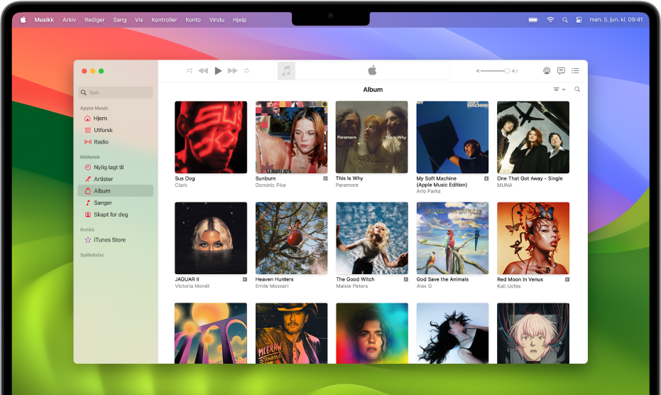 Apple Music-vinduet, med et bibliotek med albumer.