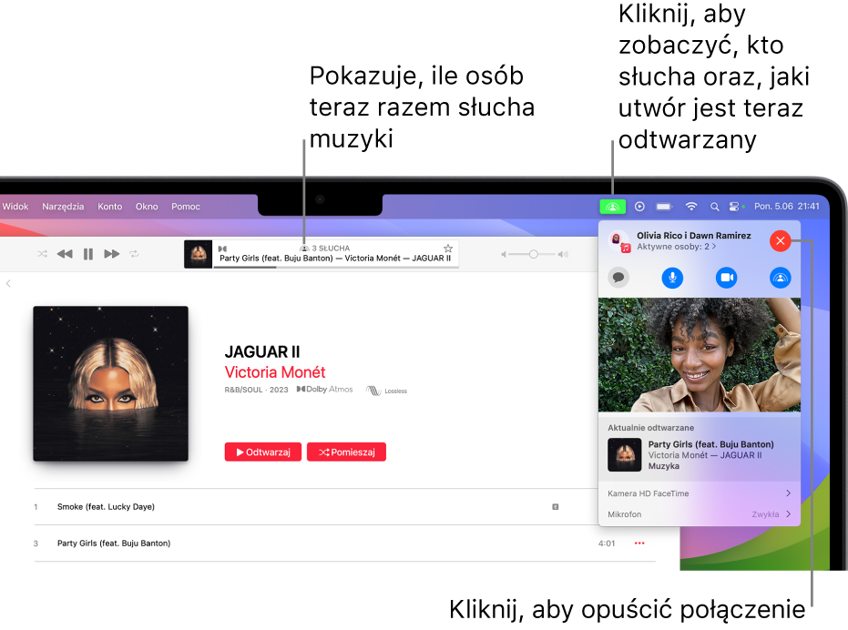 Okno Apple Music z utworem odtwarzanym przy użyciu SharePlay. W oknie odtwarzania widać, ile osób razem słucha muzyki. Po prawej klikamy w ikonę SharePlay i można zobaczyć, kto obecnie słucha, oraz tytuł utworu. Po prawej możesz kliknąć w przycisk zamykania.