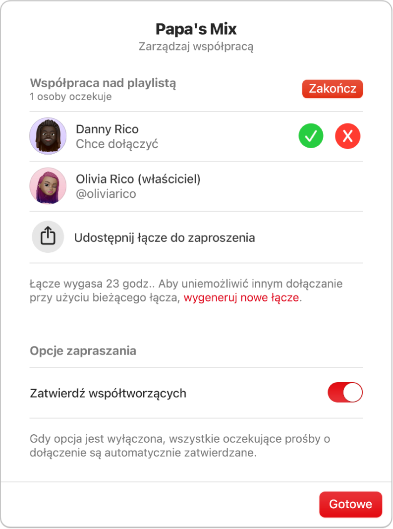 Okno dialogowe zarządzania współpracą.