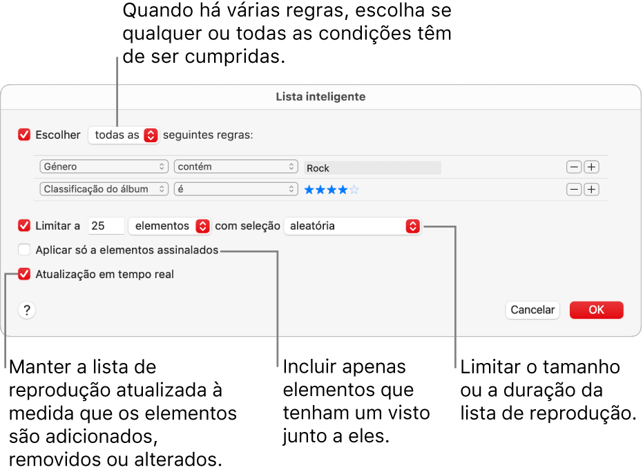 A caixa de diálogo da lista de reprodução inteligente: No canto superior esquerdo, selecione “Match” e especifique os critérios da lista de reprodução (como género ou classificação). Continue a adicionar ou remover regras clicando nos botões Adicionar ou Remover no canto superior direito. Selecione várias opções na parte inferior da caixa de diálogo, como por exemplo, limitar o tamanho ou a duração da lista de reprodução, incluindo só as músicas assinaladas, ou fazer com que a aplicação Música atualize a lista sempre que os elementos da biblioteca mudem.