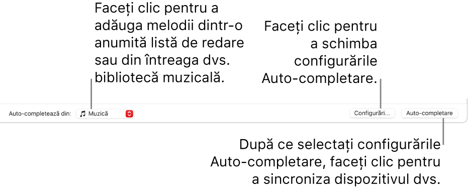 Opțiunile Auto-completare în partea de jos a ferestrei Muzică. În partea stângă extremă se află meniul pop-up Auto-completare, de unde puteți alege să adăugați melodii dintr-o listă de redare sau din întreaga dvs. bibliotecă. În partea dreaptă extremă se află două butoane – Configurări, pentru a schimba diverse opțiuni de Auto-completare, și Auto-completare. Când faceți clic pe Auto-completare, dispozitivul dvs. se completează cu melodiile care corespund criteriilor.