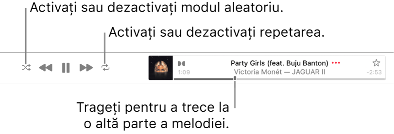 Bannerul cu o melodie în curs de redare. Butonul Mod aleatoriu se află în colțul din stânga sus; butonul Repetă se află în colțul din dreapta sus. Trageți cursorul de redare pentru a trece la o altă parte a melodiei.