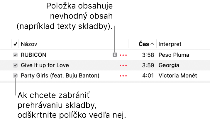 Detail zoznamu skladieb v apke Hudba znázorňujúci zaškrtávacie políčka a symbol nevhodného obsahu pre prvú skladbu (označuje, že sa tam nachádza nevhodný obsah, ako napríklad text). Ak chcete zabrániť, aby sa skladba prehrávala, zrušte zaškrtnutie polička vedľa danej skladby.