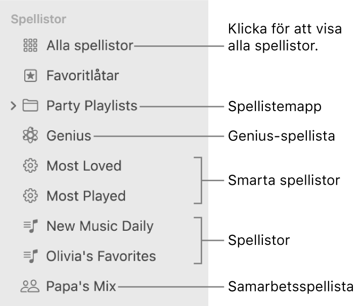 Musik-sidofältet med de olika typerna av spellistor: Favoritlåtar, Genius-spellistor, smarta spellistor och spellistor. Klicka på Alla spellistor för att visa alla.