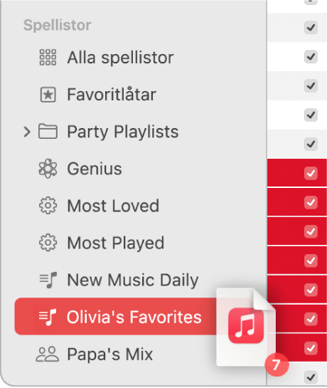 Ett album som dras till en spellista. Spellistan markeras.